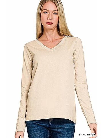 Zenana Cotton V-Neck Long Sleeve Tee in Beige (view 2)