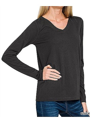 Zenana Cotton V-Neck Long Sleeve Tee in Black (view 2)