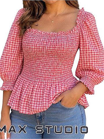 Max Studio Red Gingham Smocked Puff Sleeve Top T-Shirt (view 1)