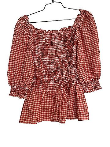 Max Studio Red Gingham Smocked Puff Sleeve Top T-Shirt (view 2)