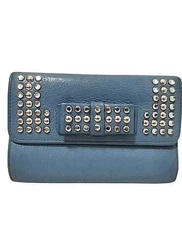 Miu Miu Miu Miu Miu Madras Crystal 5M1225 Blue Leather Women's Studded Ribbon L-shaped (view 1)