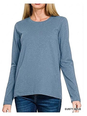 Zenana Cotton Crewneck Long Sleeve Tee in Dusty Blue (view 2)