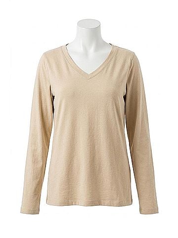 Zenana Cotton V-Neck Long Sleeve Tee in Beige (view 1)
