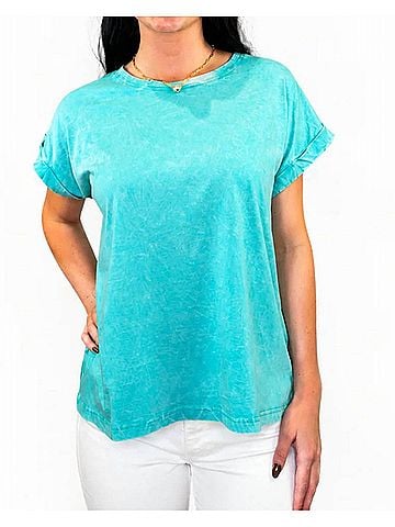 Zenana Mineral Wash Rolled Sleeve Tee in Turquoise (view 2)