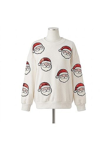 Katydid Collection Sequined Santa Face Patch Sweatshirt in White (view 1)