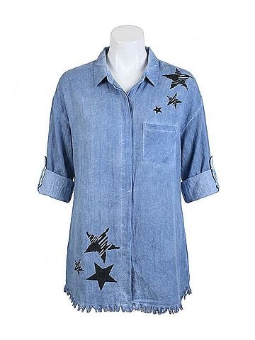 Umgee Frayed Button Up Shirt in Denim (view 1)