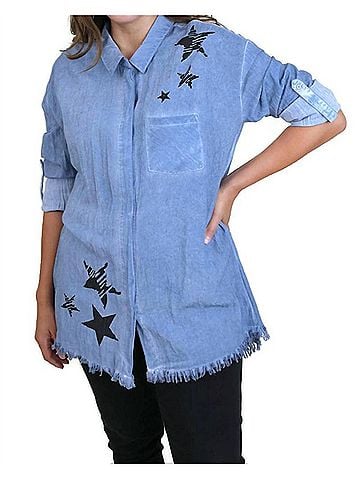 Umgee Frayed Button Up Shirt in Denim (view 2)