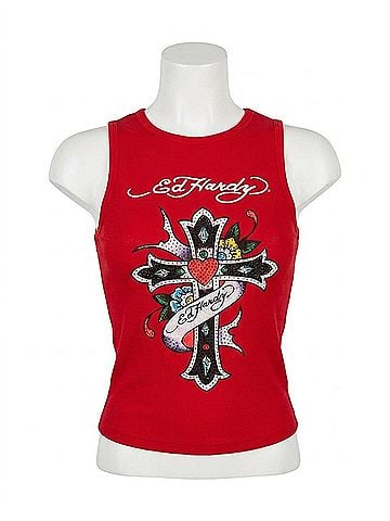 Ed Hardy Women's Cross Rhinestone Tank Top in Cherry (view 1)