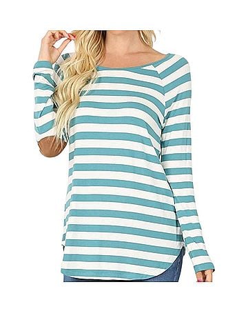 Zenana Striped Long Sleeve Boat Neck Top in Blue (view 2)
