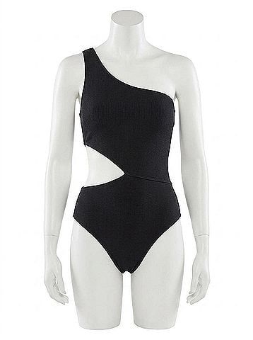 Michael Kors One Shoulder Cutout Ribbed One-Piece Swimsuit in Black (view 1)