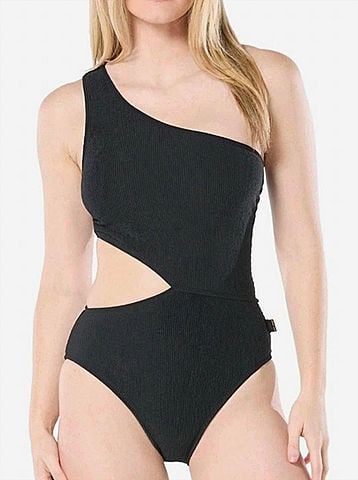 Michael Kors One Shoulder Cutout Ribbed One-Piece Swimsuit in Black (view 2)