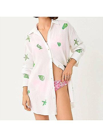 Lilly Pulitzer Kwitney Long-Sleeve Coverup in Resort White Ship To Shore Embroidery (view 2)