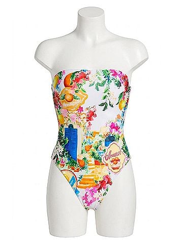 Seafolly Bandeau Postcard Print One Piece in White Multi (view 1)
