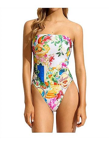 Seafolly Bandeau Postcard Print One Piece in White Multi (view 2)