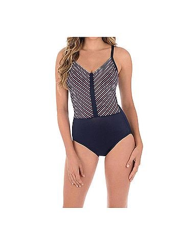 Miraclesuit Lucky Stripe Seafarer V-Neck One Piece Swimsuit in Navy (view 2)