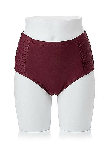 Jessica Simpson Plus Size Shirred High Waisted Bikini Bottom in Merlot (view 1)