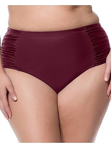 Jessica Simpson Plus Size Shirred High Waisted Bikini Bottom in Merlot (view 2)