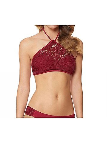 Jessica Simpson Flower Power Crochet High Neck Halter Bikini Top in Spice (view 2)
