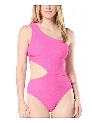 Michael Kors One Shoulder Side Cutout Swimsuit in Pink (view 2)