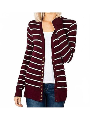 Zenana Striped Snap Full Sleeve Cardigan in Dark Burgundy (view 2)