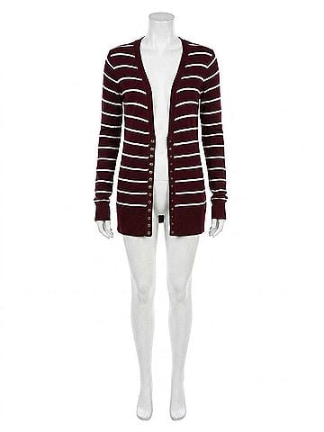 Zenana Striped Snap Full Sleeve Cardigan in Dark Burgundy (view 1)