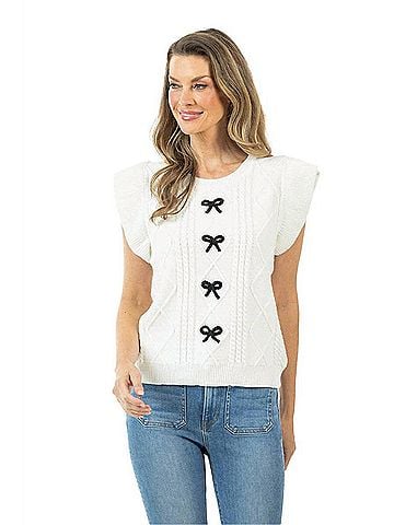 Katydid Collection Cable Knit Bow Sweater Top in White (view 2)