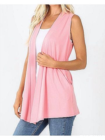 Zenana Open-Front Sleeveless Cardigan in Pink (view 2)