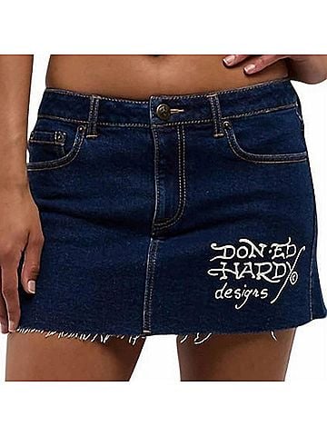 Ed Hardy Tattoo Collage Dark Denim Cutoff Mini Skirt in Dark Wash (view 2)