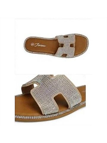 Forever Women's Rhinestone H-Strap Slide Sandals in Taupe (view 2)