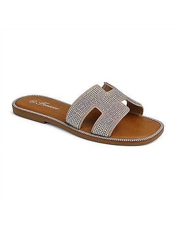 Forever Women's Rhinestone H-Strap Slide Sandals in Taupe (view 1)