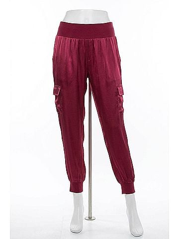 Fate Satin Cargo Jogger Pants in Maroon (view 1)