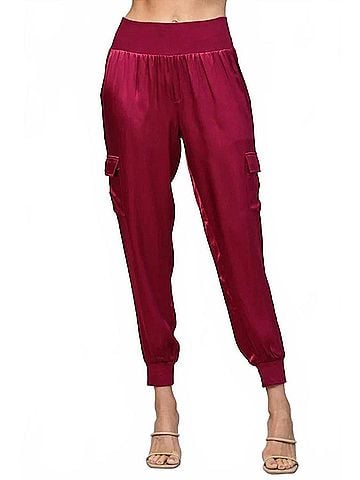 Fate Satin Cargo Jogger Pants in Maroon (view 2)