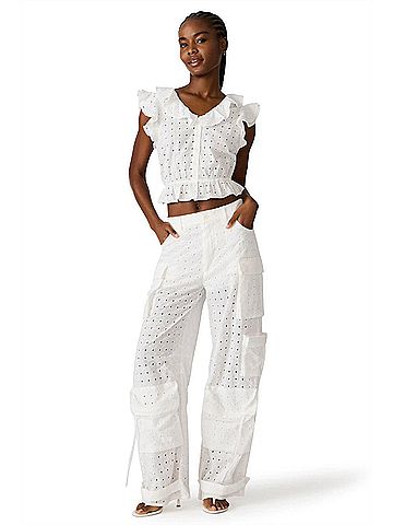 Steve Madden Duo Relaxed Wide Leg Pants in White Eyelet (view 2)