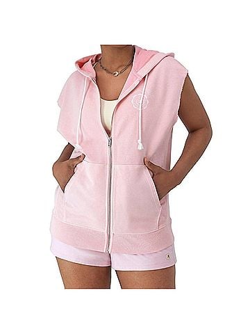 Champion French Terry Sleeveless Hoodie, 1919 Rochester Ny Graphic Sun Dye in Chantilly Pink (view 2)
