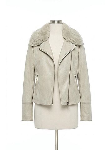 Joseph Ribkoff Foiled Suede Swing With Faux Fur Collar Jacket in Moonstone (view 1)