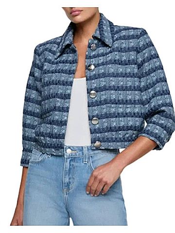 L'Agence Jia Cropped Tweed Jacke in Blue Multi (view 2)
