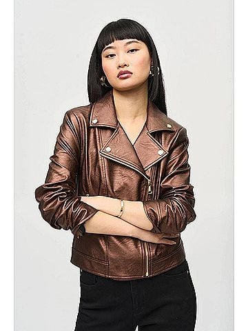 Joseph Ribkoff Mira Metallic Faux Leather Biker Jacket in Bronze (view 2)