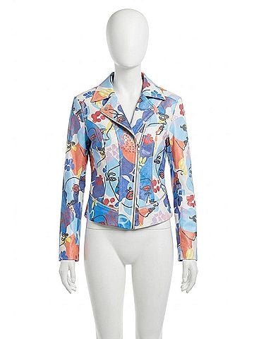 Joseph Ribkoff Faye Face Print Faux Suede Moto Jacket in Blue Multi (view 1)