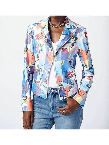 Joseph Ribkoff Faye Face Print Faux Suede Moto Jacket in Blue Multi (view 2)