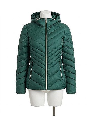 Michael Kors Women's Chevron Hooded Down Packable Coat in Green (view 1)