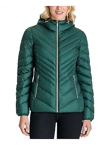 Michael Kors Women's Chevron Hooded Down Packable Coat in Green (view 2)