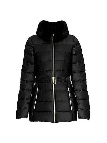 Michael Kors Faux Fur Collar Belted Lightweight Down Puffer Coat in Black (view 1)