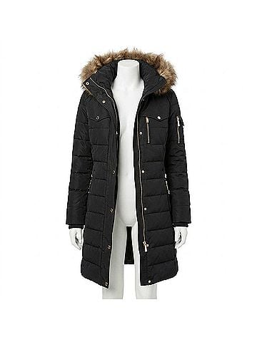 Michael Kors Faux Fur Trim Removable Hood Down Puffer Coat in Black (view 1)