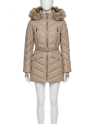 Michael Kors Logo Leopard Belted Hood Puffer Coat in Taupe (view 1)