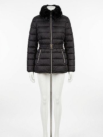 Michael Kors Faux Fur Collar Belted Lightweight Down Puffer Coat in Black (view 2)