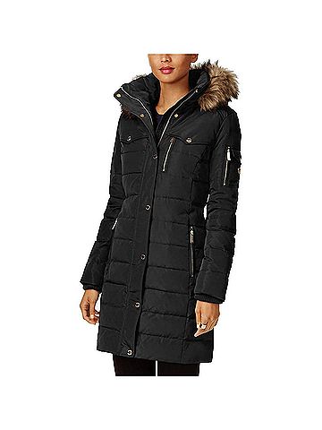 Michael Kors Faux Fur Trim Removable Hood Down Puffer Coat in Black (view 2)