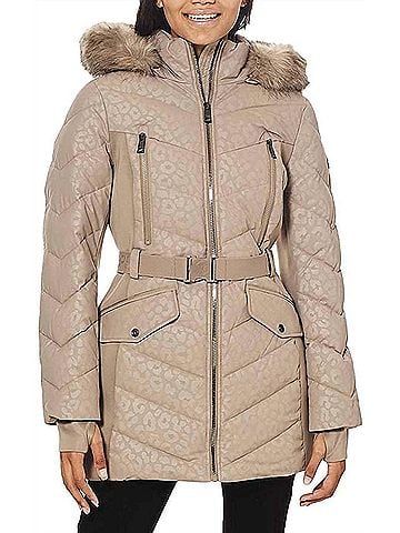 Michael Kors Logo Leopard Belted Hood Puffer Coat in Taupe (view 2)