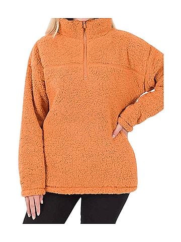 Zenana Soft Sherpa Half Zip Pullover With Pockets in Butter Orange (view 2)