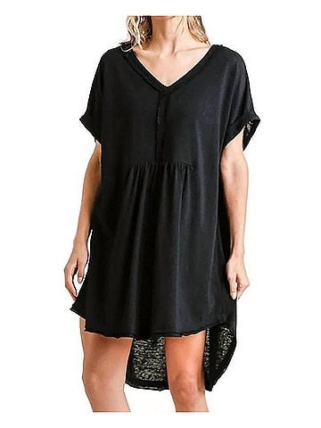 Umgee Folded Sleeve Frayed Edge Mini Dress in Black (view 2)