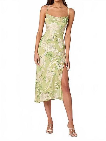 Astr Gaia Burnout Velvet Cowl Midi Dress in Light Green Floral (view 2)